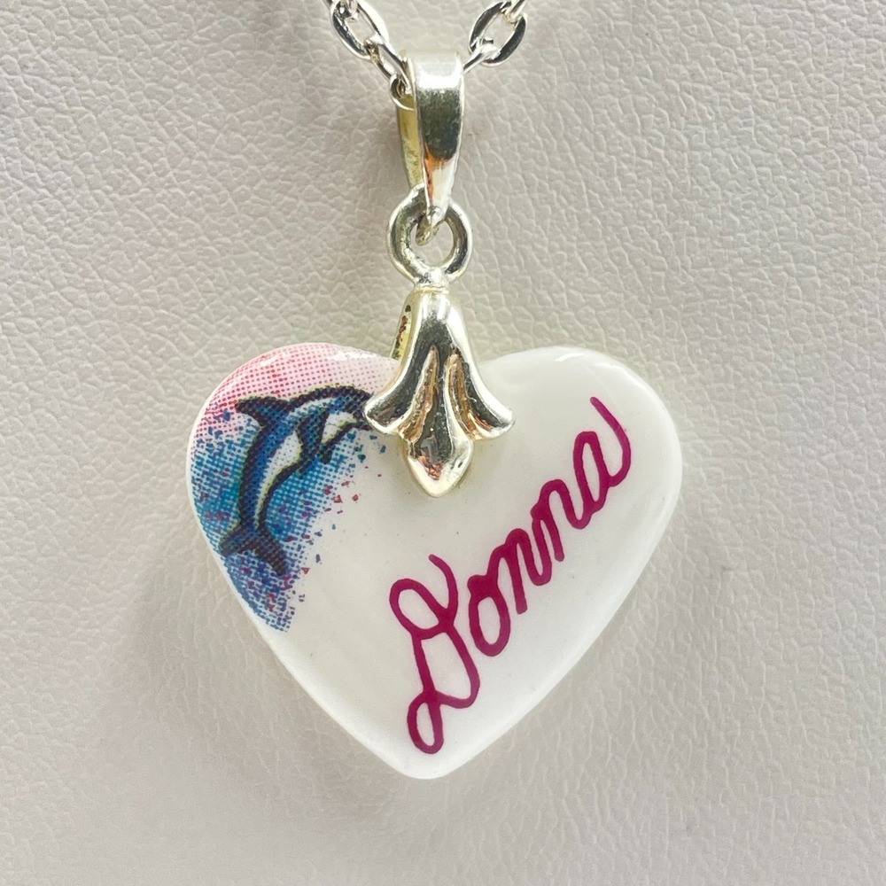 Vintage 90s Personalized Donna Ceramic Heart Pendant Necklace Dolphin Detail